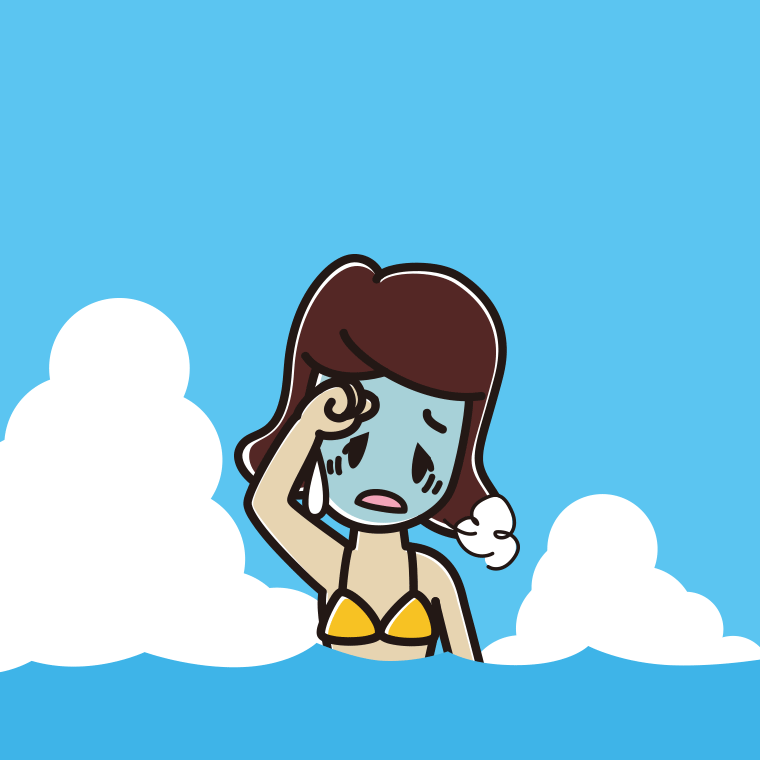 海に入って具合が悪い女子高校生のイラスト【色、背景あり】PNG