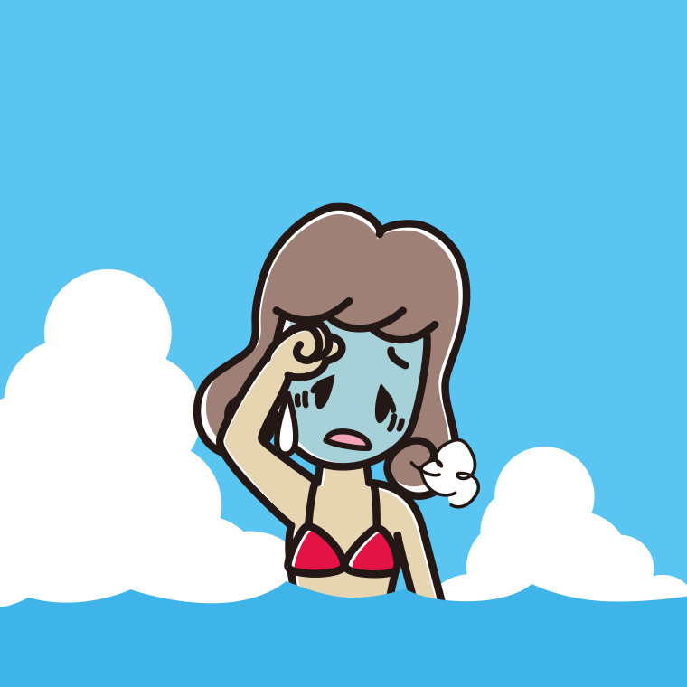 海に入って具合が悪い女子大学生のイラスト【色、背景あり】PNG