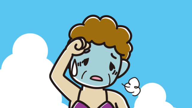 海に入って具合が悪いおばさんのイラスト【色、背景あり】PNG