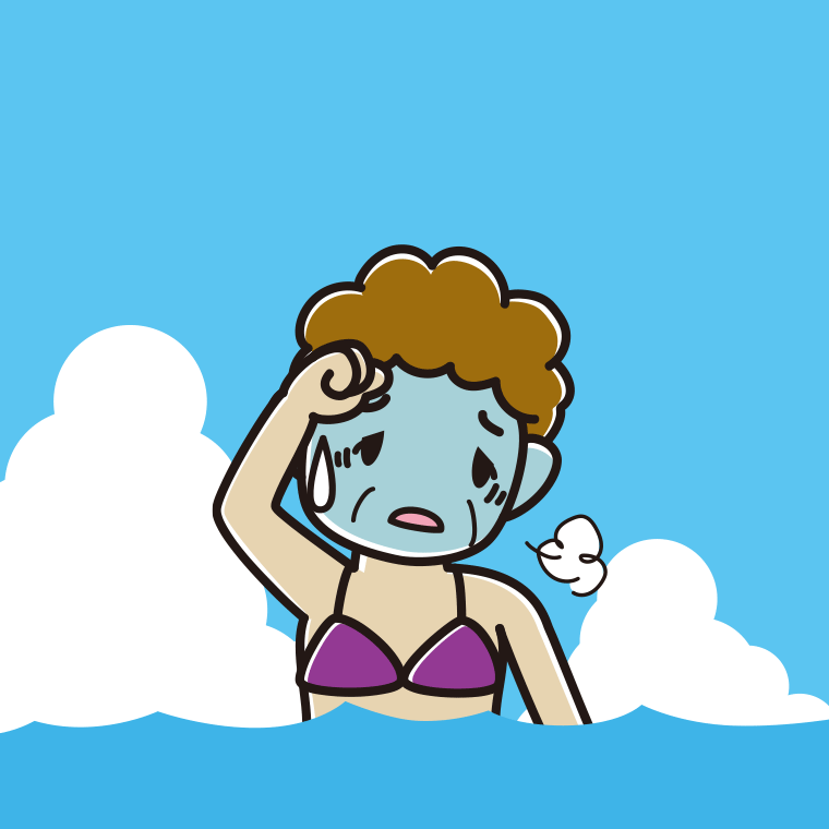 海に入って具合が悪いおばさんのイラスト【色、背景あり】PNG
