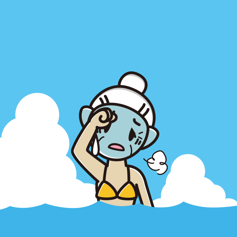 海に入って具合が悪いおばあさんのイラスト【色、背景あり】PNG
