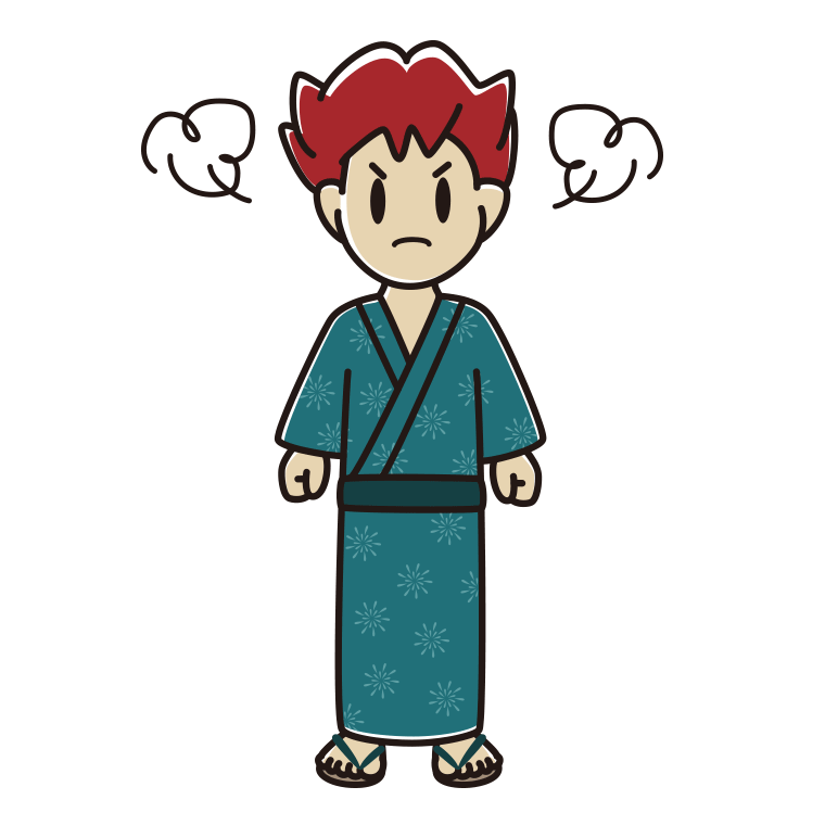 怒る浴衣姿の男子大学生のイラスト【色あり、背景なし】透過PNG