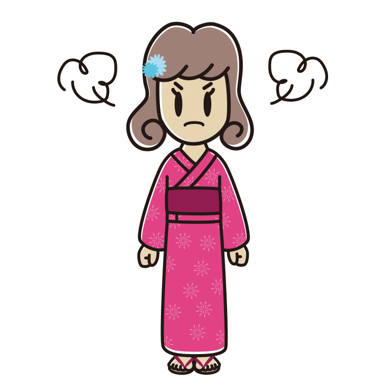 怒る浴衣姿の女子大学生のイラスト【色あり、背景なし】透過PNG