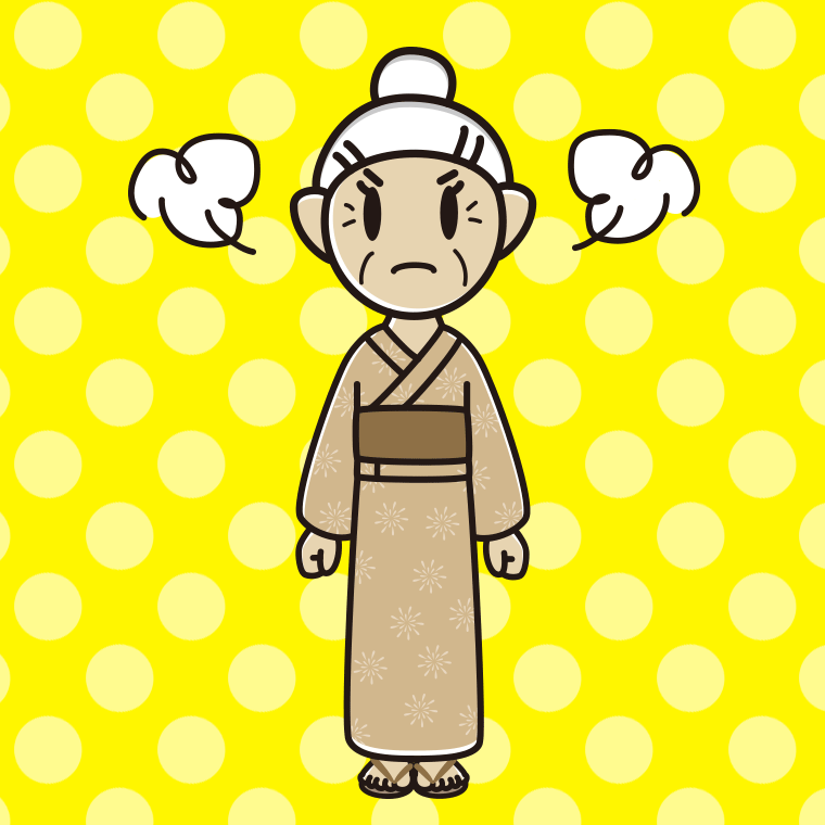 怒る浴衣姿のおばあさんのイラスト【色、背景あり】PNG