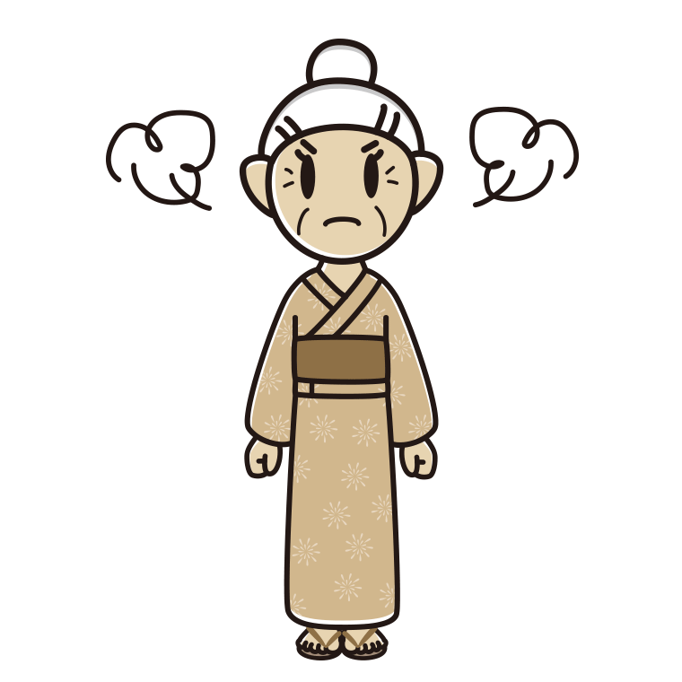 怒る浴衣姿のおばあさんのイラスト【色あり、背景なし】透過PNG
