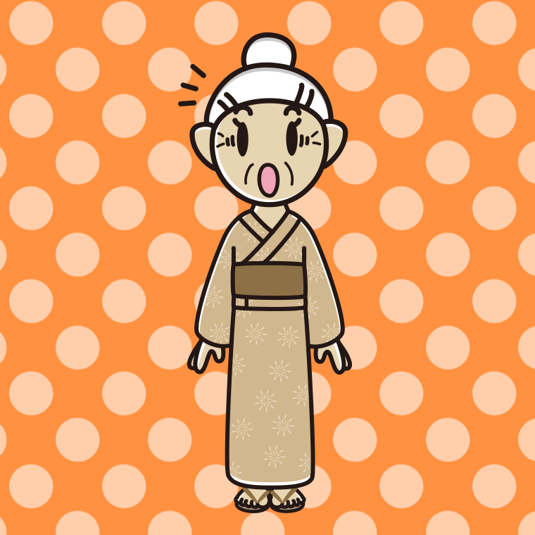 驚く浴衣姿のおばあさんのイラスト【色、背景あり】PNG