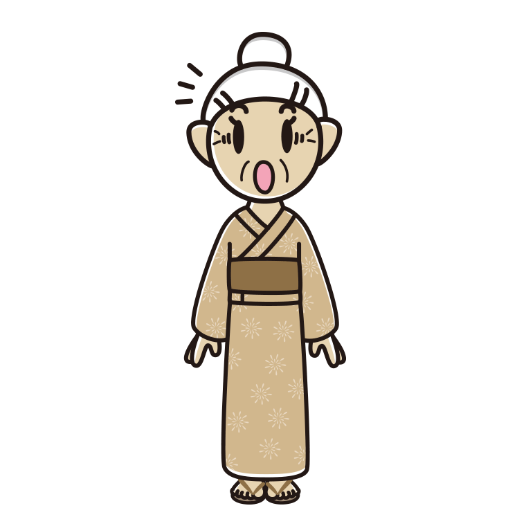 驚く浴衣姿のおばあさんのイラスト【色あり、背景なし】透過PNG