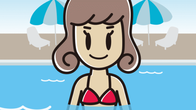 プールに入っている女子大学生のイラスト【色、背景あり】PNG