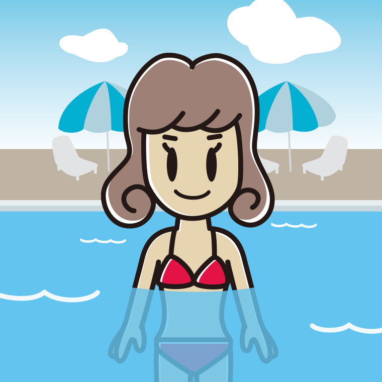 プールに入っている女子大学生のイラスト【色、背景あり】PNG