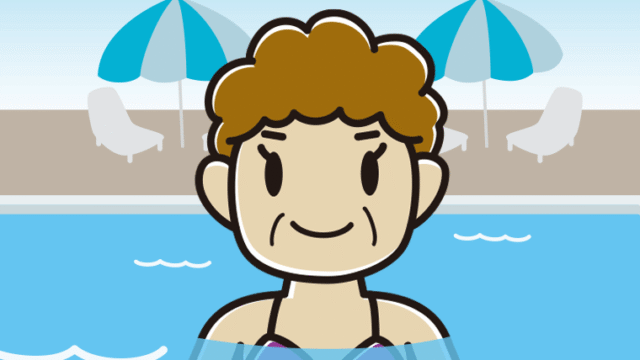 プールに入っているおばさんのイラスト【色、背景あり】PNG