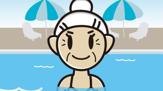 プールに入っているおばあさんのイラスト【色、背景あり】PNG