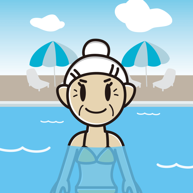 プールに入っているおばあさんのイラスト【色、背景あり】PNG