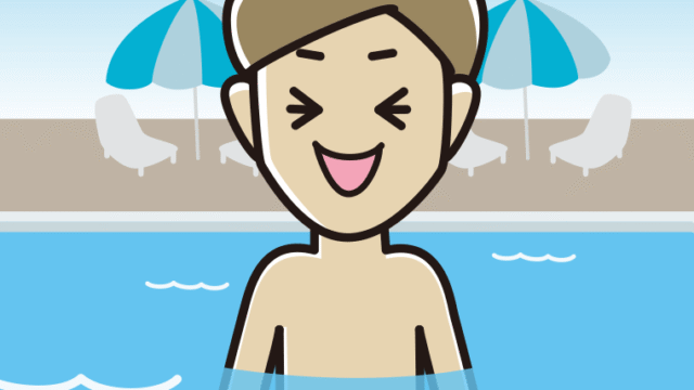 プールに入って笑う男性のイラスト【色、背景あり】PNG