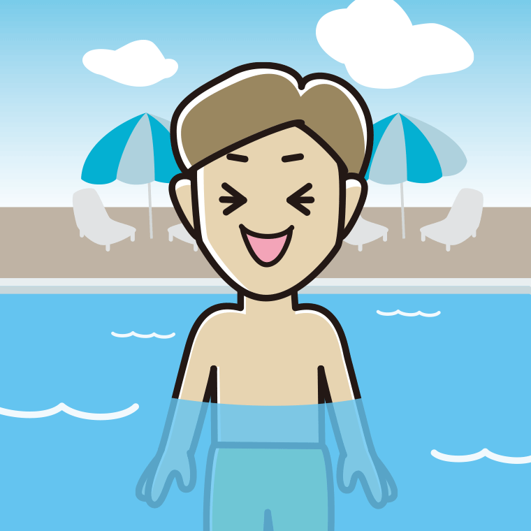 プールに入って笑う男性のイラスト【色、背景あり】PNG