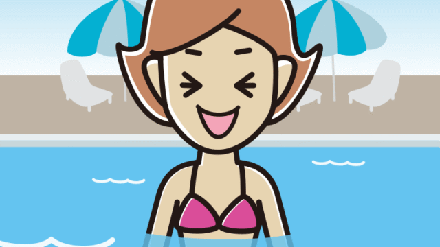 プールに入って笑う女性のイラスト【色、背景あり】PNG