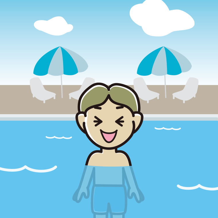 プールに入って笑う小学生男子のイラスト【色、背景あり】PNG