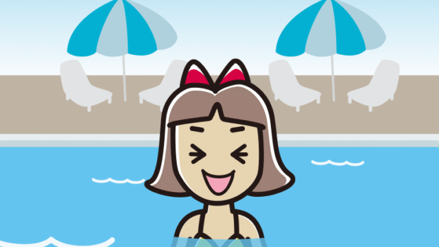 プールに入って笑う小学生女子のイラスト【色、背景あり】PNG