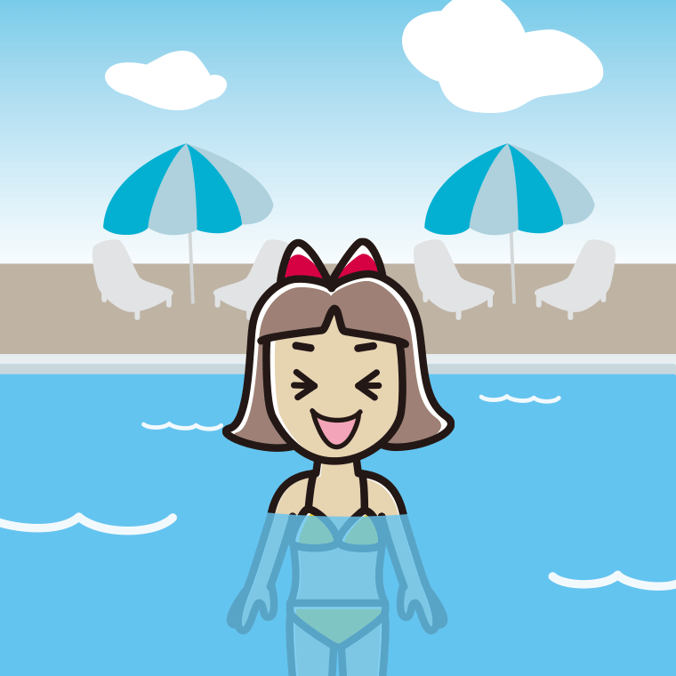 プールに入って笑う小学生女子のイラスト【色、背景あり】PNG
