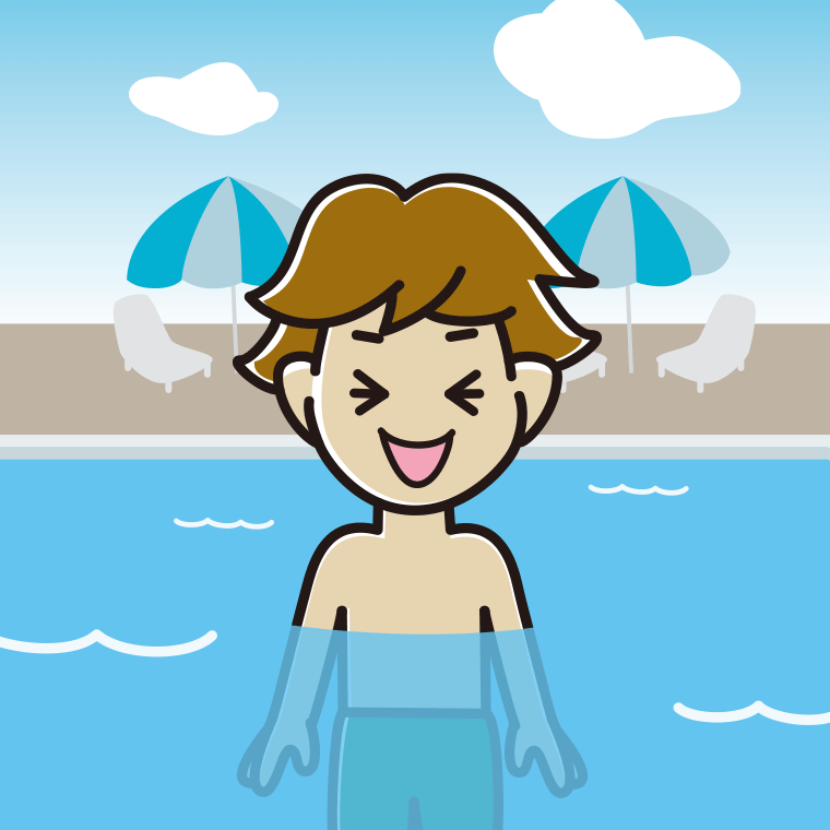プールに入って笑う男子高校生のイラスト【色、背景あり】PNG