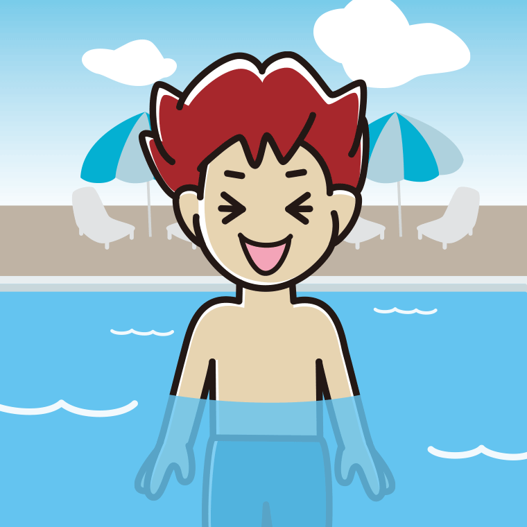 プールに入って笑う男子大学生のイラスト【色、背景あり】PNG