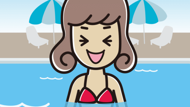 プールに入って笑う女子大学生のイラスト【色、背景あり】PNG