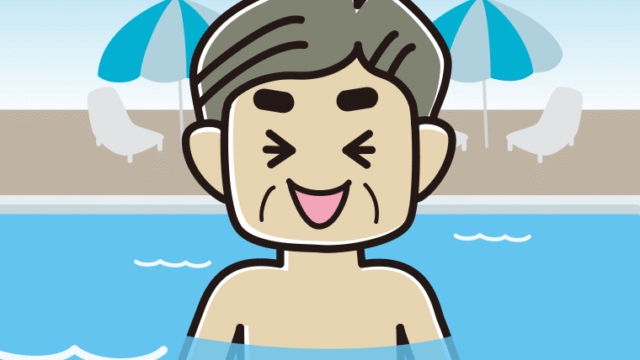 プールに入って笑うおじさんのイラスト【色、背景あり】PNG