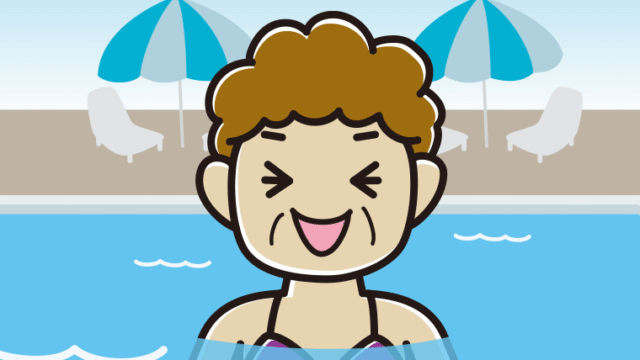 プールに入って笑うおばさんのイラスト【色、背景あり】PNG