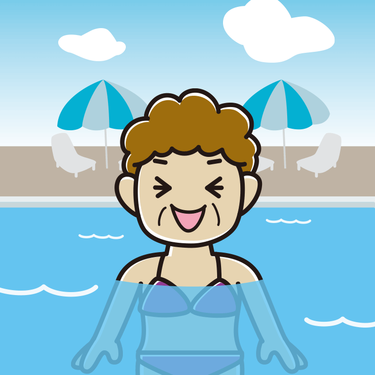 プールに入って笑うおばさんのイラスト【色、背景あり】PNG