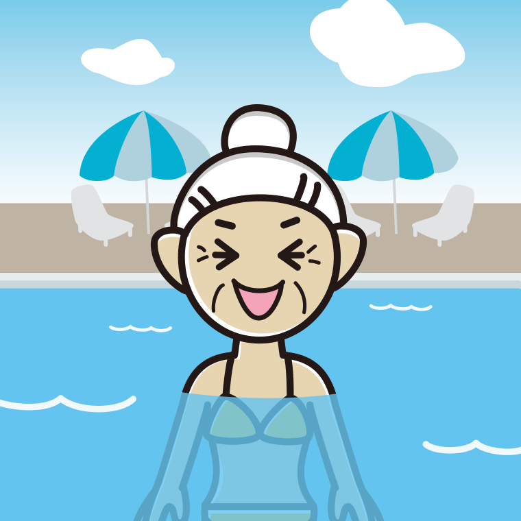プールに入って笑うおばあさんのイラスト【色、背景あり】PNG