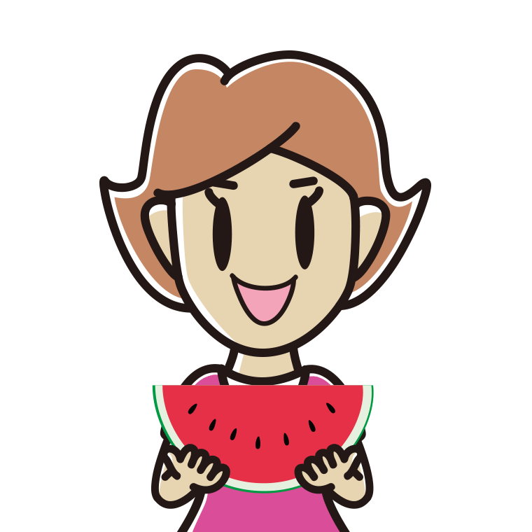 スイカを食べる女性のイラスト【色あり、背景なし】透過PNG