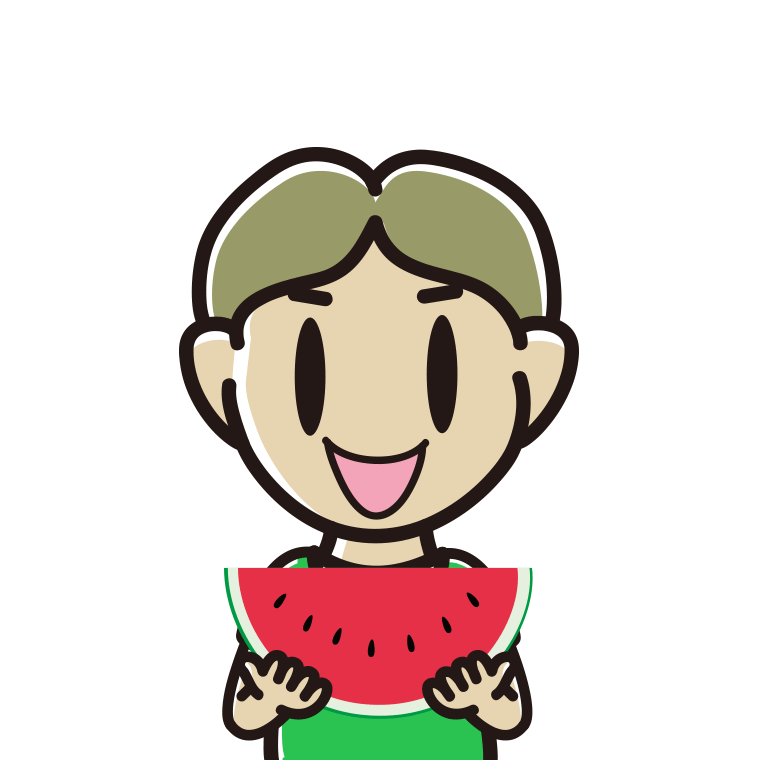 スイカを食べる小学生男子のイラスト【色あり、背景なし】透過PNG
