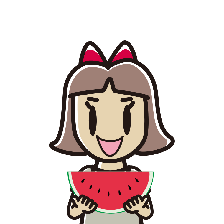 スイカを食べる小学生女子のイラスト【色あり、背景なし】透過PNG