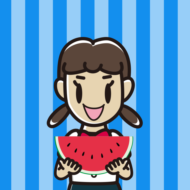 スイカを食べる女子中学生のイラスト【色、背景あり】PNG