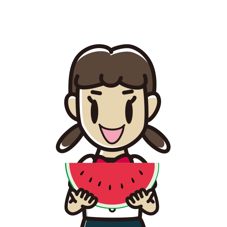スイカを食べる女子中学生のイラスト【色あり、背景なし】透過PNG