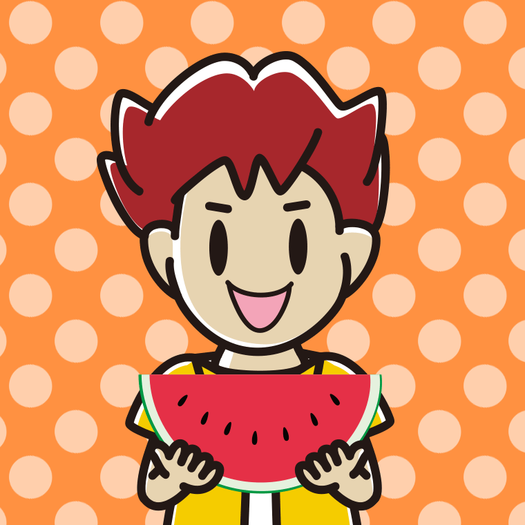 スイカを食べる男子大学生のイラスト【色、背景あり】PNG