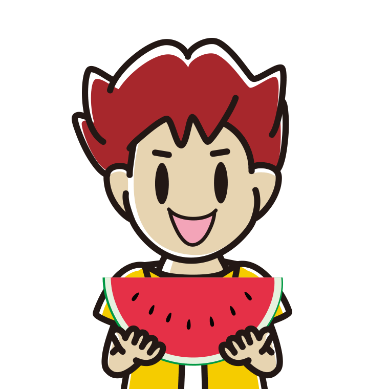 スイカを食べる男子大学生のイラスト【色あり、背景なし】透過PNG
