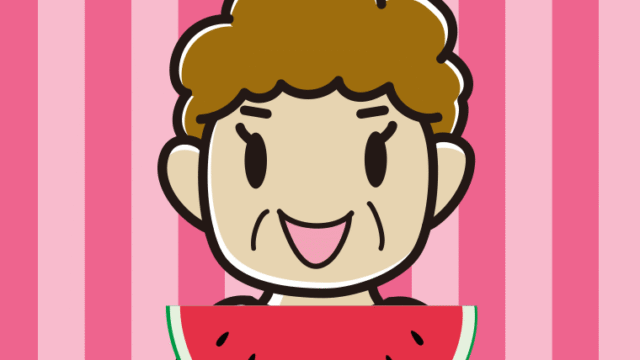 スイカを食べるおばさんのイラスト【色、背景あり】PNG