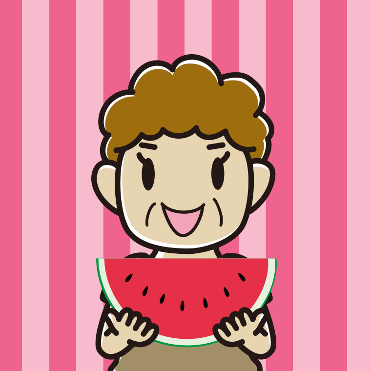 スイカを食べるおばさんのイラスト【色、背景あり】PNG