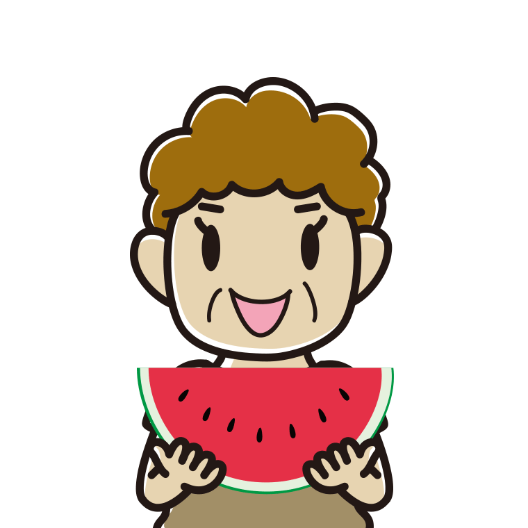 スイカを食べるおばさんのイラスト【色あり、背景なし】透過PNG