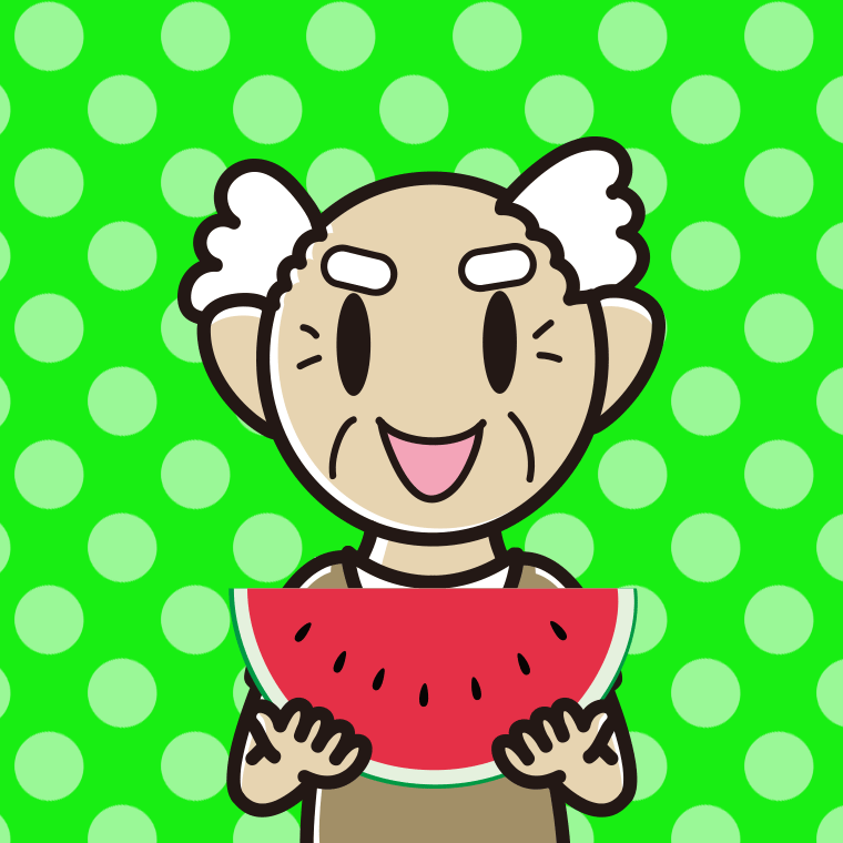 スイカを食べるおじいさんのイラスト【色、背景あり】PNG