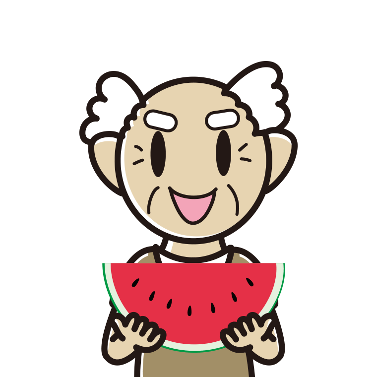 スイカを食べるおじいさんのイラスト【色あり、背景なし】透過PNG