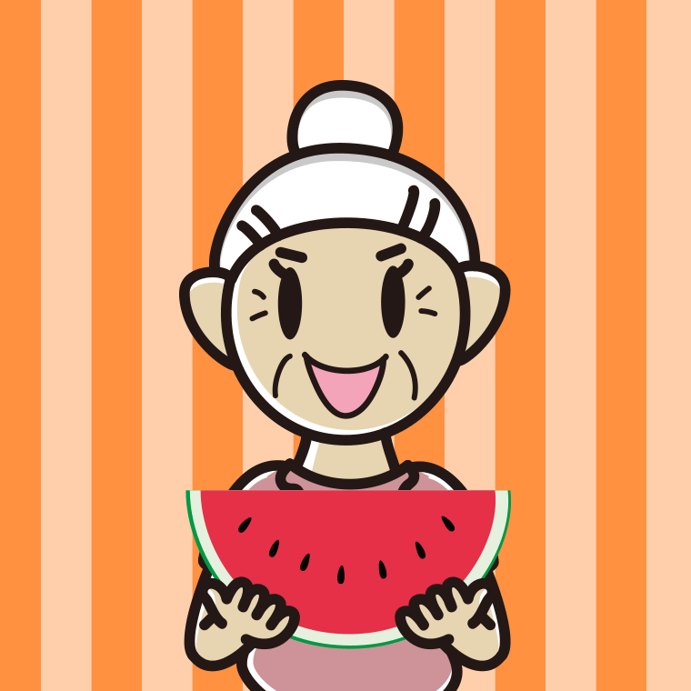スイカを食べるおばあさんのイラスト【色、背景あり】PNG