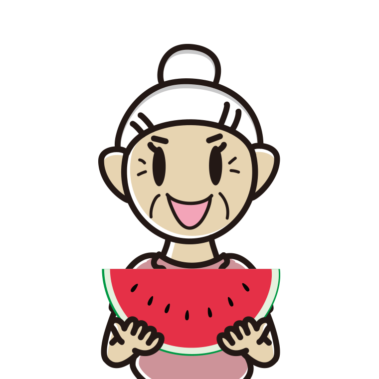 スイカを食べるおばあさんのイラスト【色あり、背景なし】透過PNG