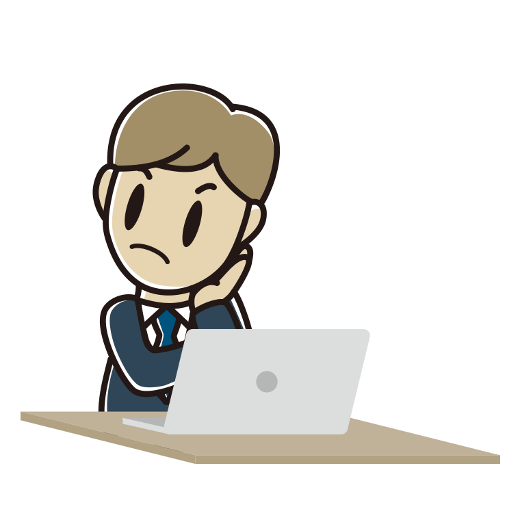 パソコン使用中に考える男性会社員のイラスト【色あり、背景なし】透過PNG
