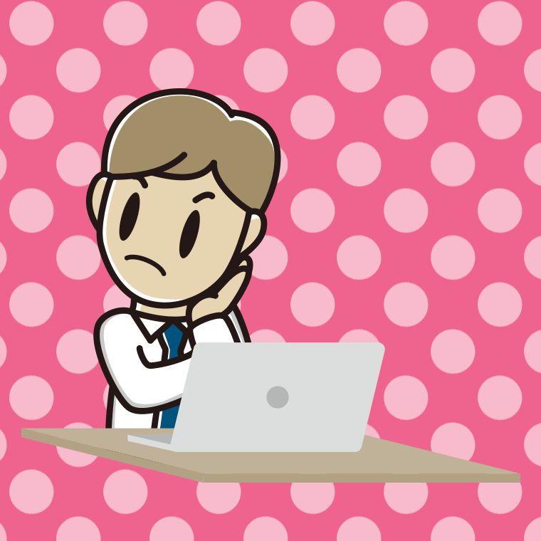 パソコン使用中に考える男性会社員（ワイシャツ）のイラスト【色、背景あり】PNG
