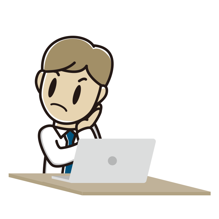 パソコン使用中に考える男性会社員（ワイシャツ）のイラスト【色あり、背景なし】透過PNG