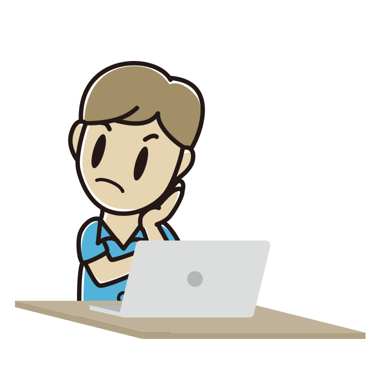 パソコン使用中に考える男性会社員（クールビズ）のイラスト【色あり、背景なし】透過PNG