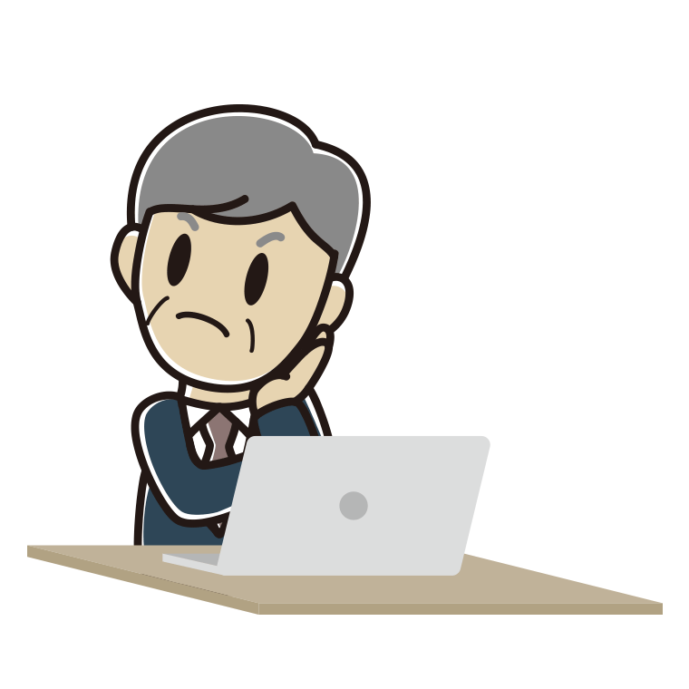 パソコン使用中に考える年配男性会社員のイラスト【色あり、背景なし】透過PNG