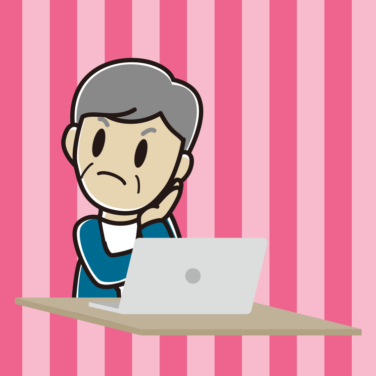 パソコン使用中に考える年配男性会社員（カジュアル）のイラスト【色、背景あり】PNG