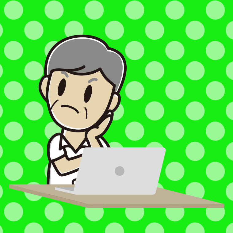 パソコン使用中に考える年配男性会社員（クールビズ）のイラスト【色、背景あり】PNG